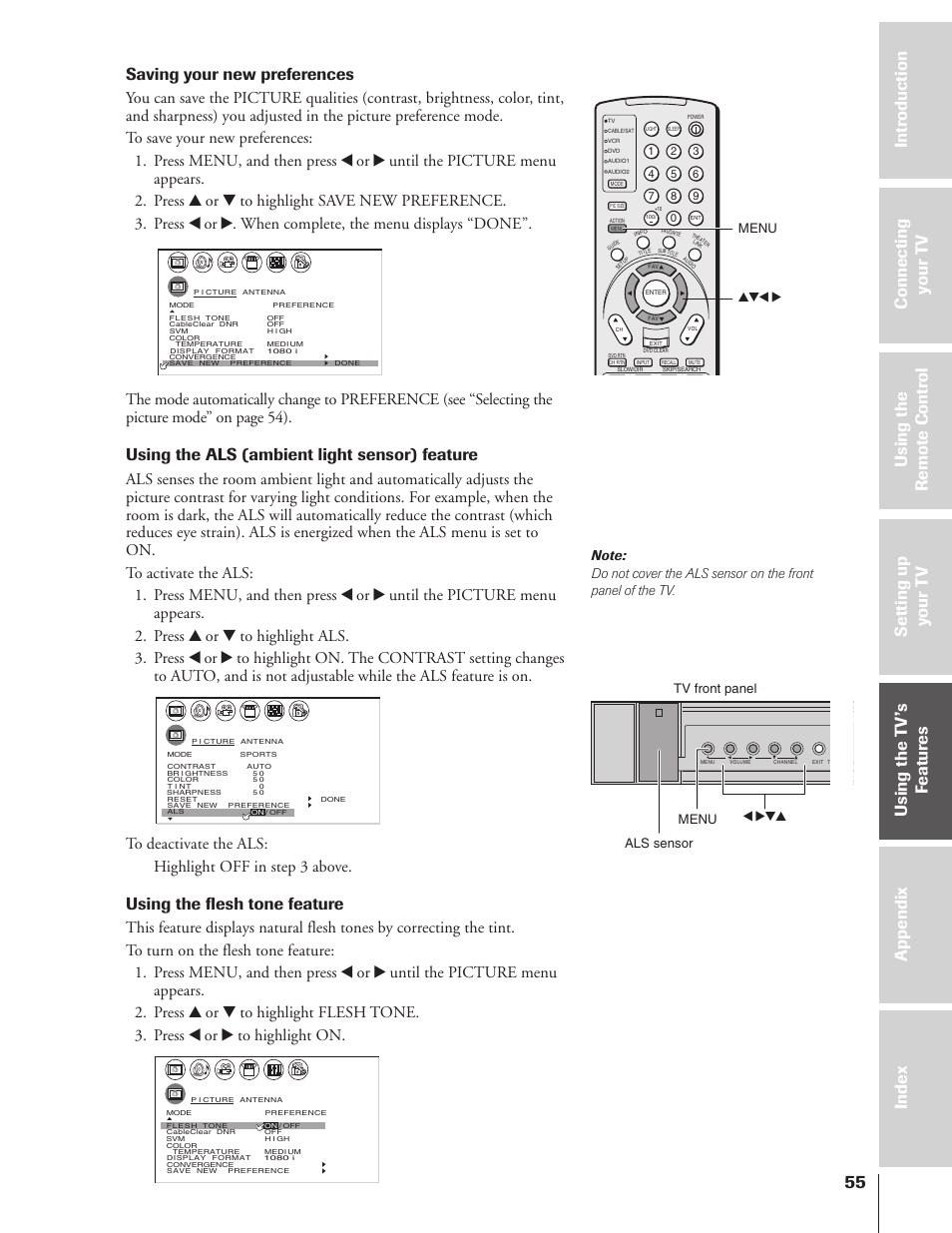 Saving your new preferences, Using the als (ambient light sensor) feature, Using the flesh tone feature | Menu yzx, Menu tv front panel als sensor x •zy | Toshiba 46HX83 User Manual | Page 55 / 76