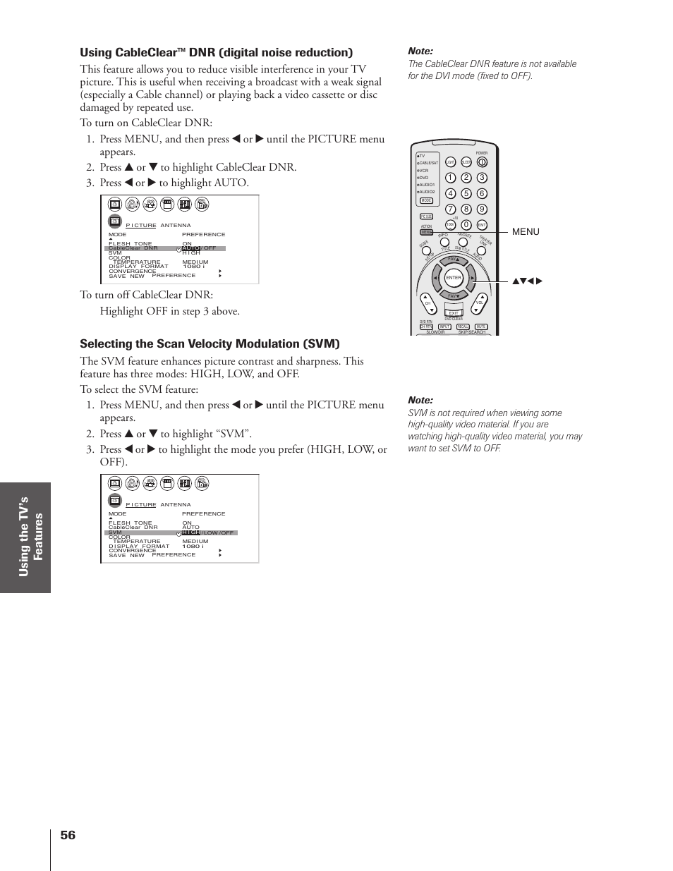 Using cableclear™ dnr (digital noise reduction), Selecting the scan velocity modulation (svm), Menu yzx | Toshiba 46HX83 User Manual | Page 56 / 76