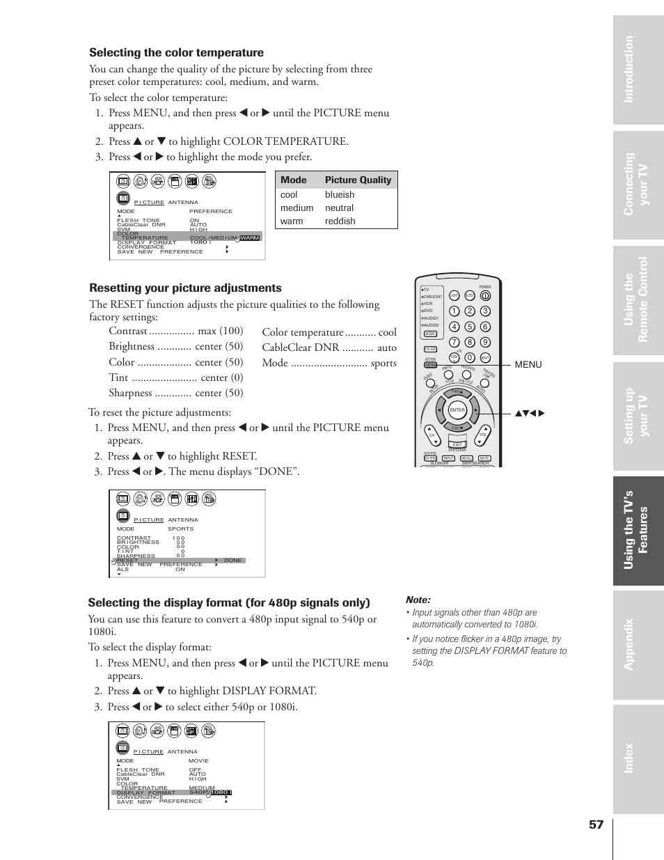 Selecting the color temperature, Resetting your picture adjustments, Menu yzx | Toshiba 46HX83 User Manual | Page 57 / 76