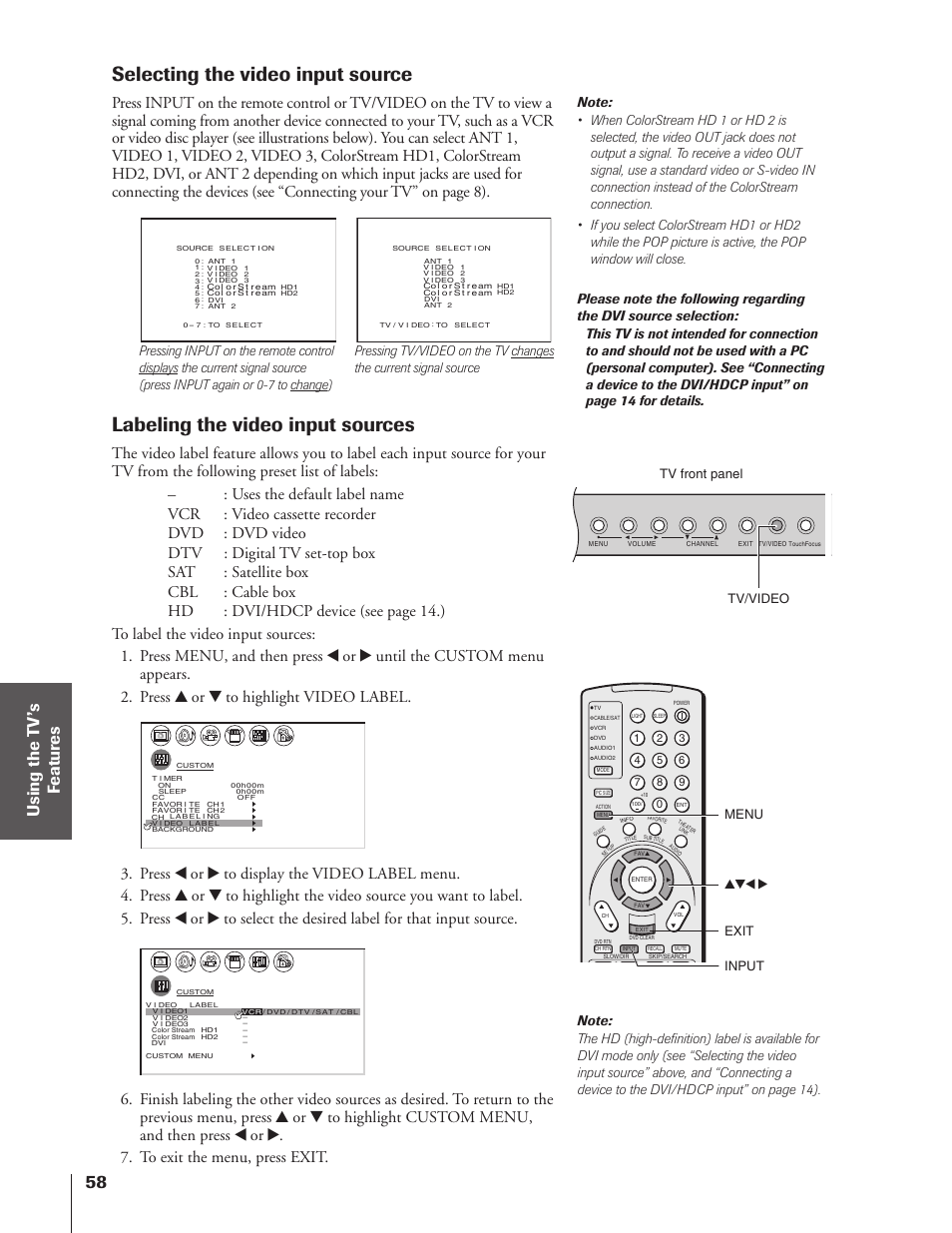 Selecting the video input source, Labeling the video input sources, Tv/video menu yzx • exit input | Tv front panel | Toshiba 46HX83 User Manual | Page 58 / 76