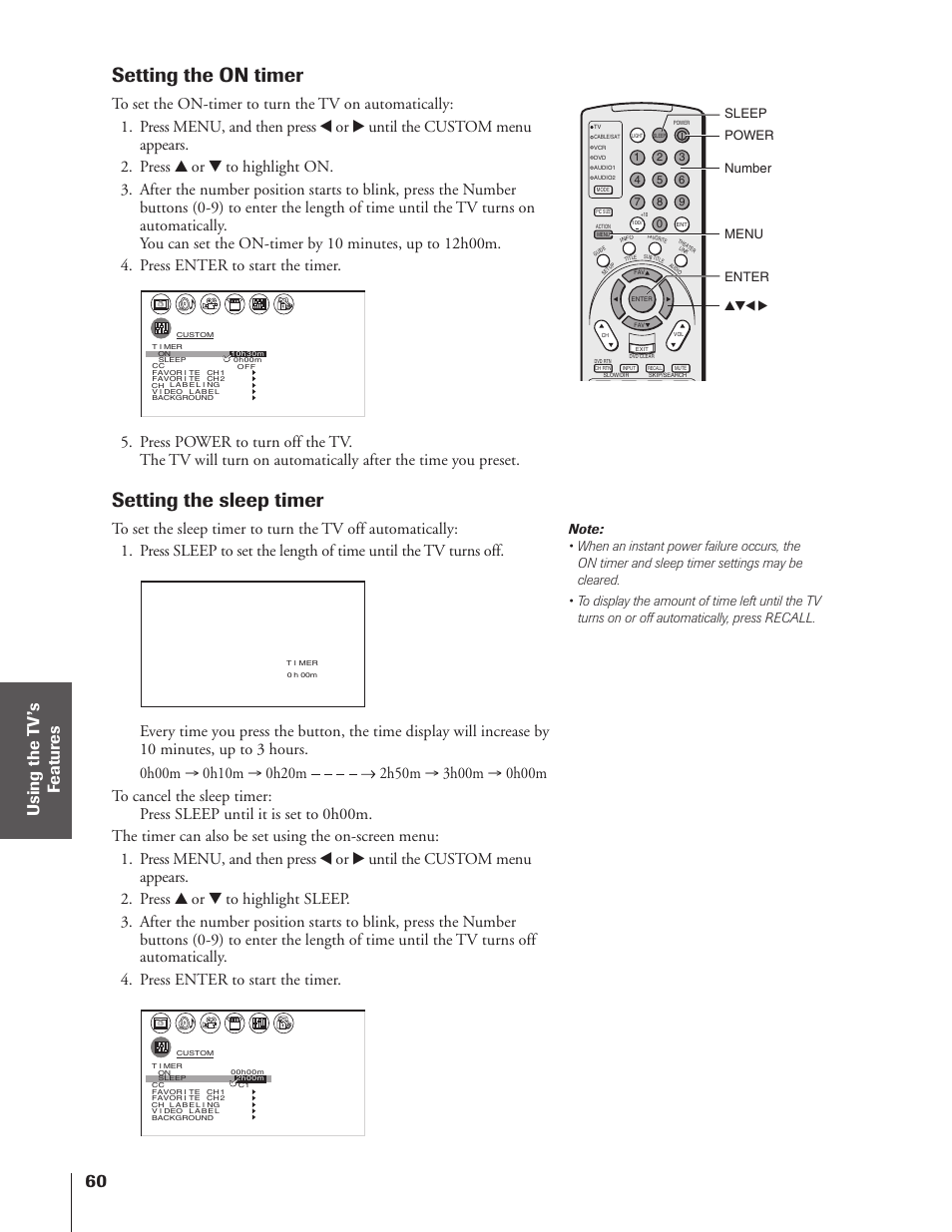 Setting the on timer, Setting the sleep timer, Enter power yzx • menu number sleep | Toshiba 46HX83 User Manual | Page 60 / 76