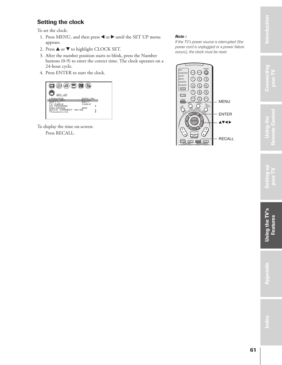 Setting the clock, Yzx • recall menu, Enter | Toshiba 46HX83 User Manual | Page 61 / 76