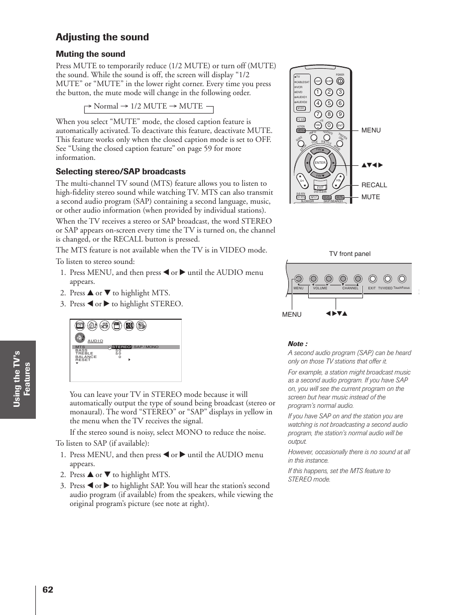 Adjusting the sound, Muting the sound, Selecting stereo/sap broadcasts | Recall mute, X •zy menu, Yzx • menu tv front panel | Toshiba 46HX83 User Manual | Page 62 / 76