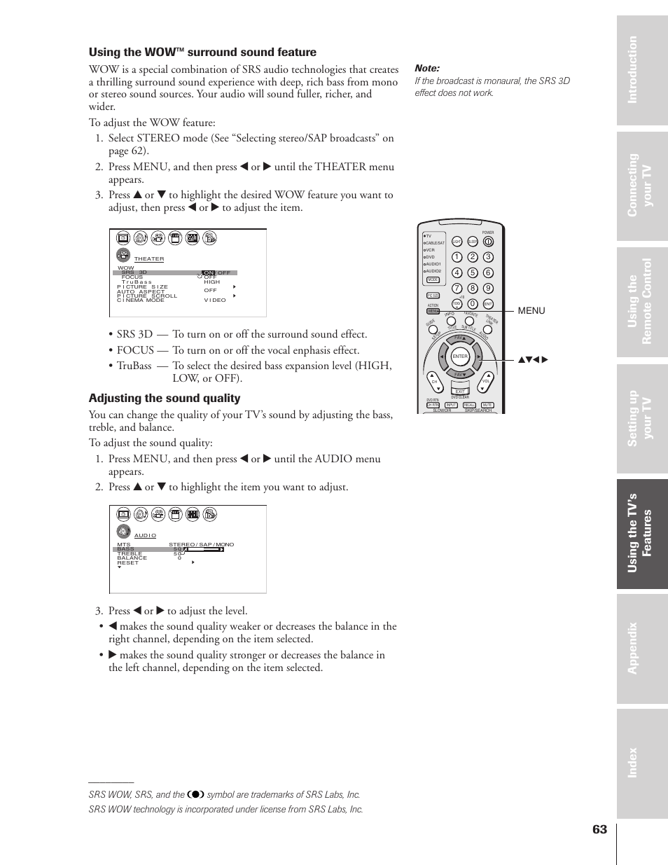 Using the wow™ surround sound feature, Adjusting the sound quality, Yzx • menu | Toshiba 46HX83 User Manual | Page 63 / 76