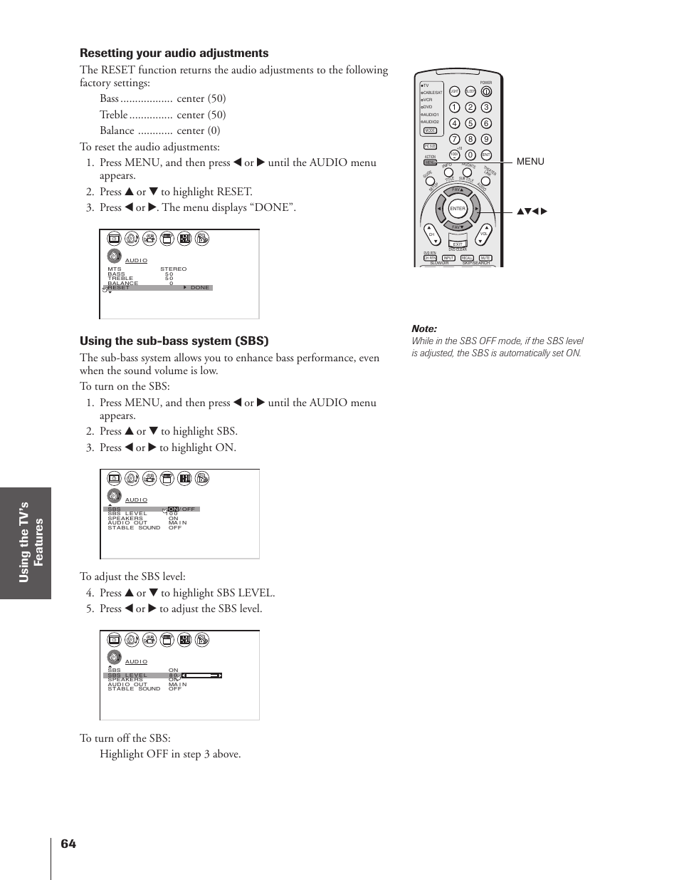 Resetting your audio adjustments, Using the sub-bass system (sbs), Yzx • menu | Toshiba 46HX83 User Manual | Page 64 / 76