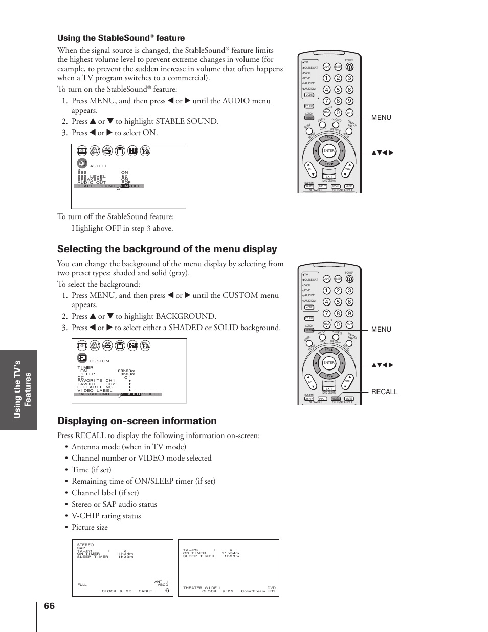 Selecting the background of the menu display, Displaying on-screen information, Using the stablesound | Feature, When the signal source is changed, the stablesound, Yzx • menu recall, Yzx • menu | Toshiba 46HX83 User Manual | Page 66 / 76