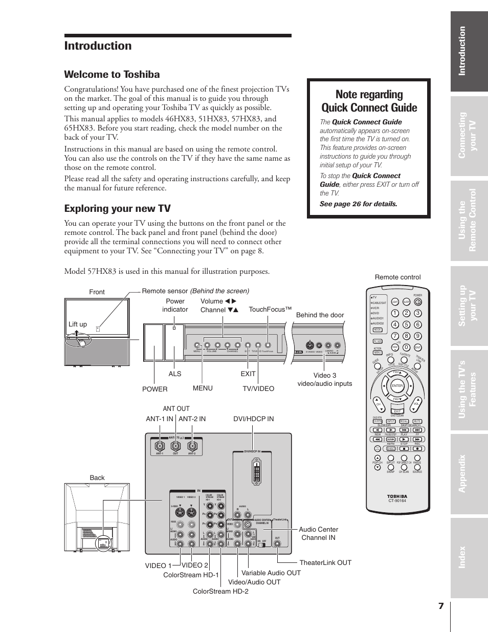Introduction, Welcome to toshiba, Exploring your new tv | Toshiba 46HX83 User Manual | Page 7 / 76