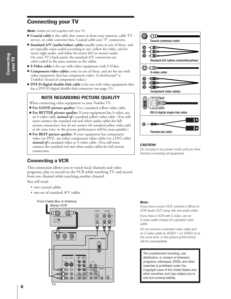 Connecting your tv, Connecting a vcr, Is toshiba’s brand of component video.) | When connecting video equipment to your toshiba tv | Toshiba 46HX83 User Manual | Page 8 / 76