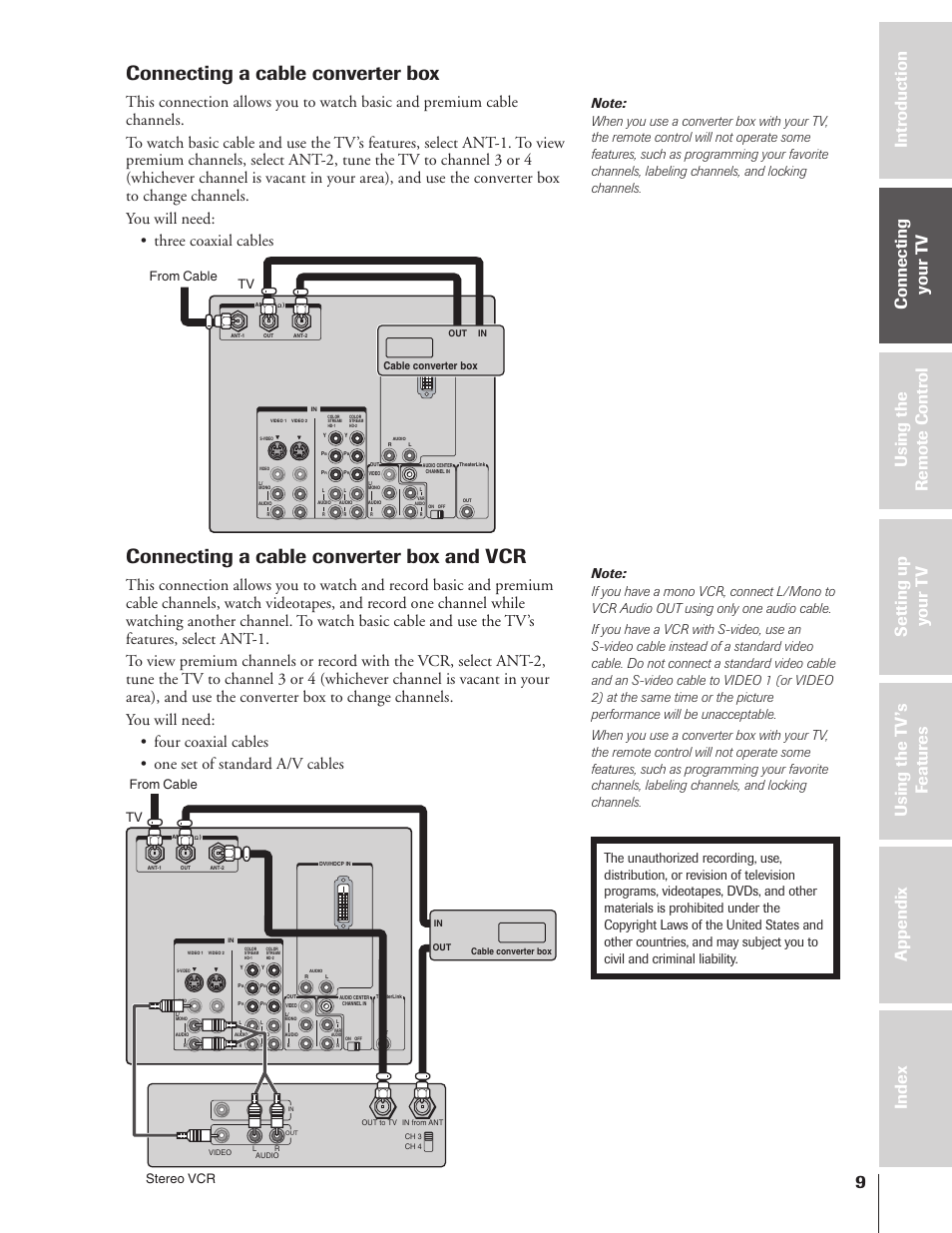 Connecting a cable converter box, Connecting a cable converter box and vcr, Tv from cable stereo vcr tv from cable | Toshiba 46HX83 User Manual | Page 9 / 76