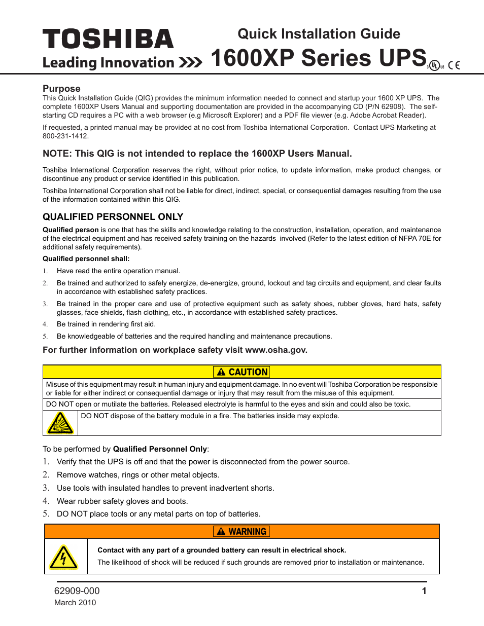 Toshiba 1600 XP UPS User Manual | 4 pages