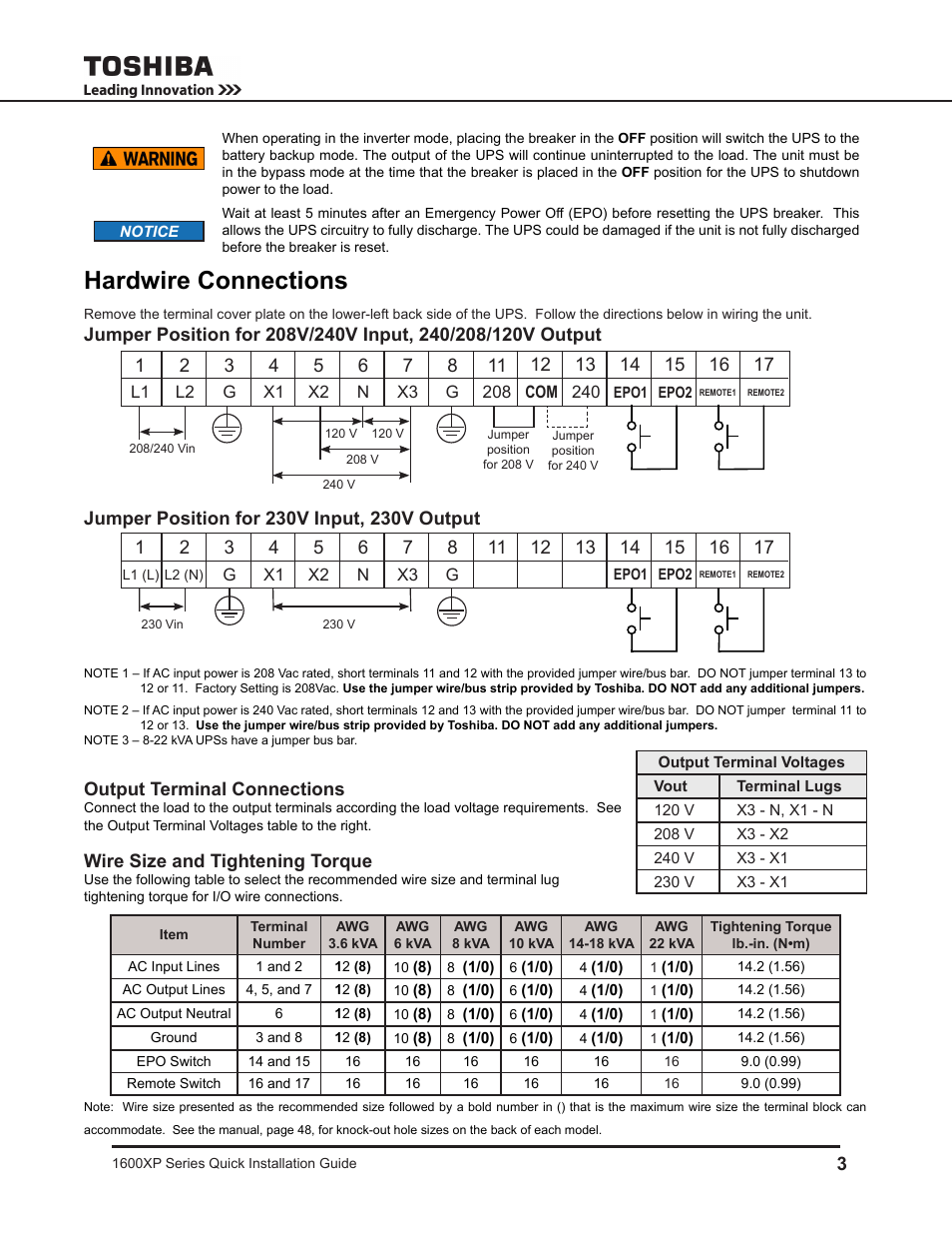 Hardwire connections | Toshiba 1600 XP UPS User Manual | Page 3 / 4