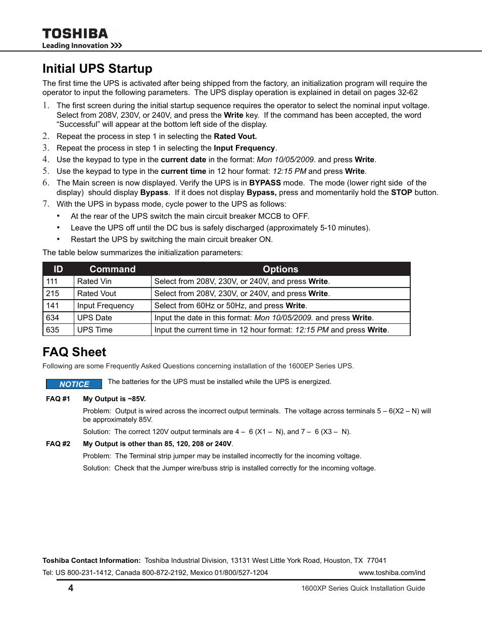 Initial ups startup, Faq sheet | Toshiba 1600 XP UPS User Manual | Page 4 / 4