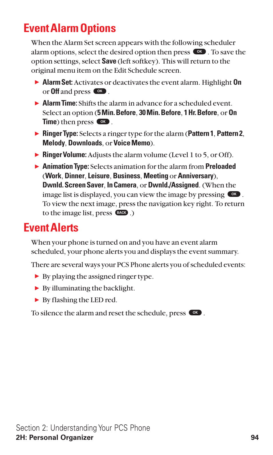 Event alarm options, Event alerts, By playing the assigned ringer type | By illuminating the backlight | Toshiba VM4050 User Manual | Page 105 / 249