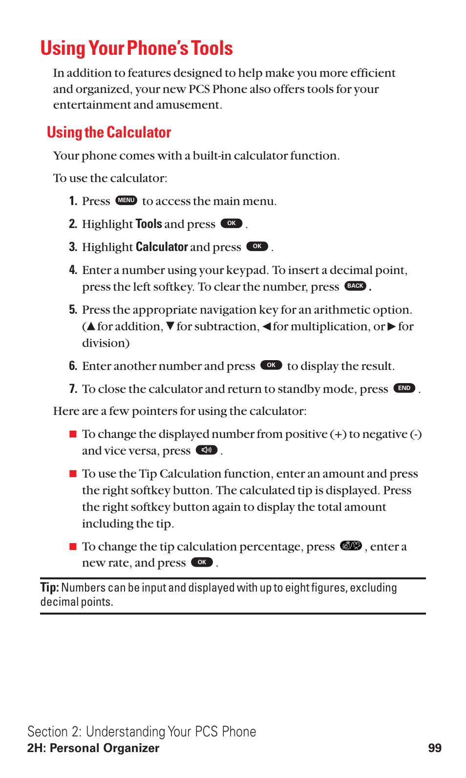 Using your phone’s tools, Using the calculator | Toshiba VM4050 User Manual | Page 110 / 249