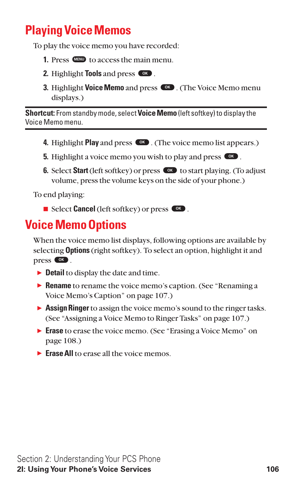 Playing voice memos, Voice memo options | Toshiba VM4050 User Manual | Page 117 / 249
