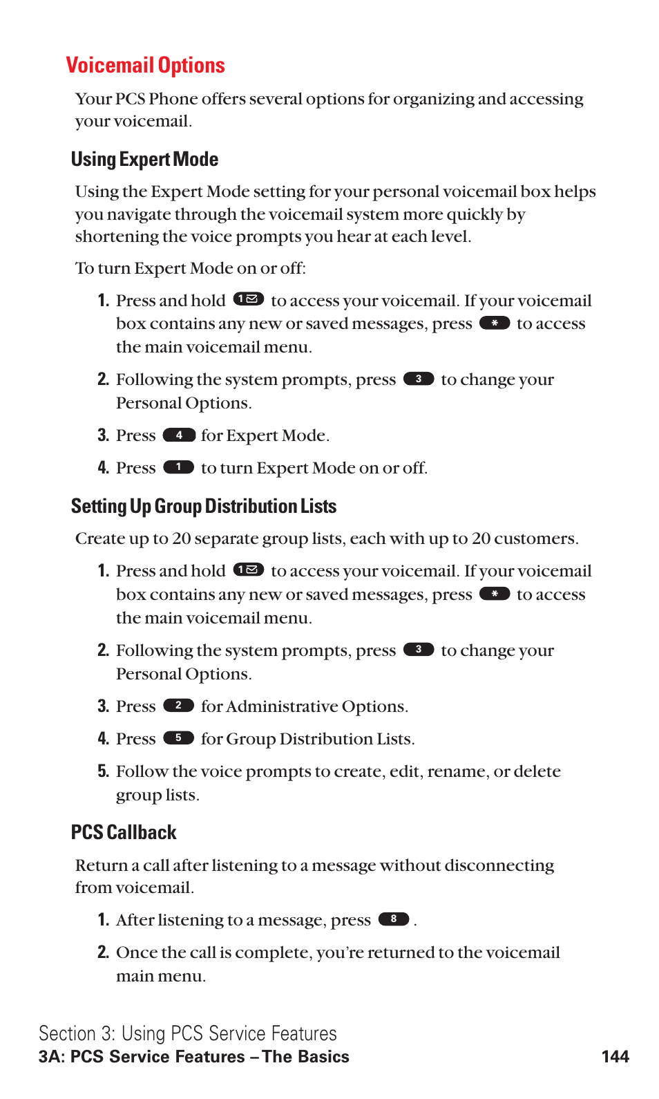 Voicemail options, Using expert mode, Setting up group distribution lists | Pcs callback | Toshiba VM4050 User Manual | Page 155 / 249