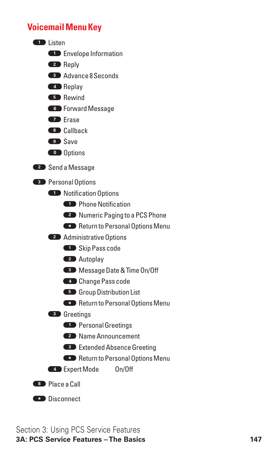 Voicemail menu key, 3a: pcs service features – the basics 147 | Toshiba VM4050 User Manual | Page 158 / 249