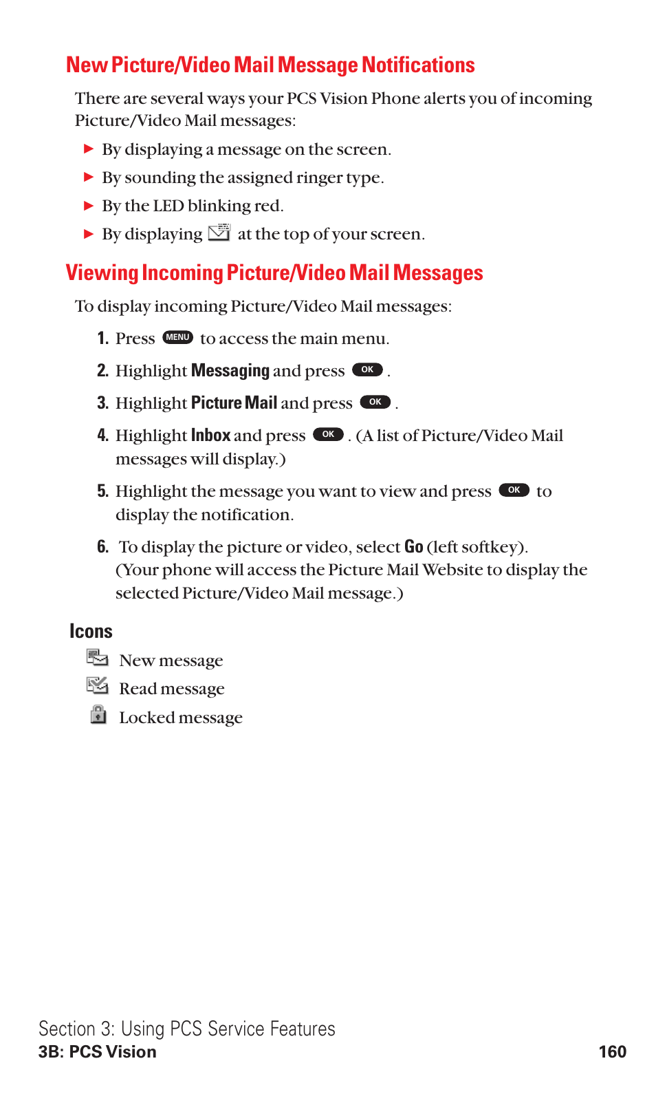 New picture/video mail message notifications, Viewing incoming picture/video mail messages, Icons | Toshiba VM4050 User Manual | Page 171 / 249