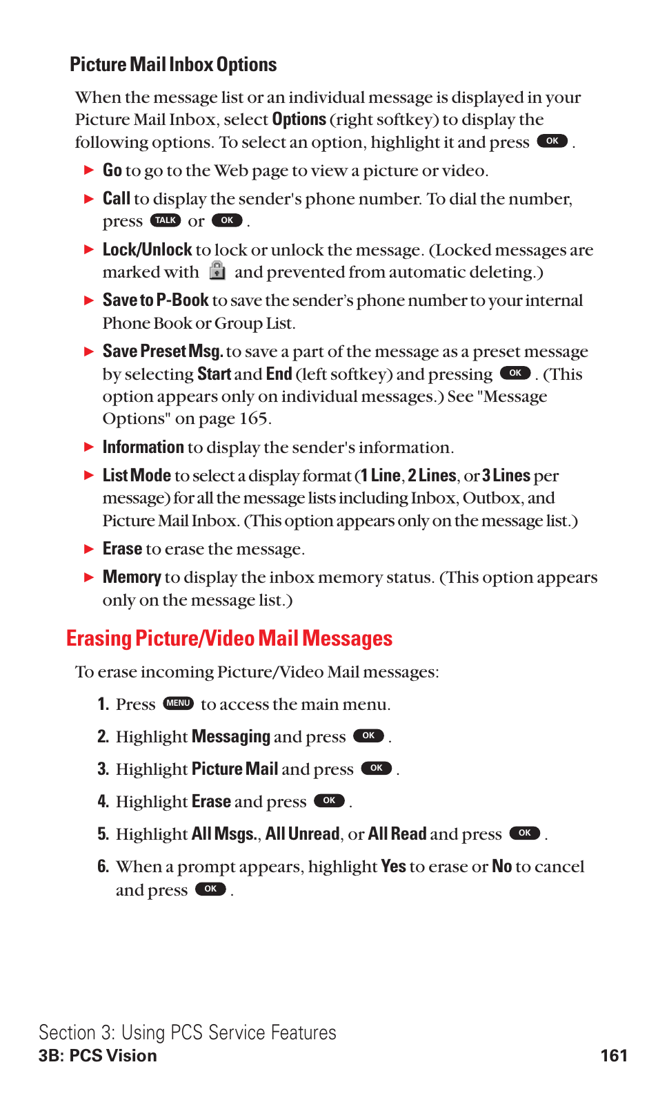 Erasing picture/video mail messages, Picture mail inbox options, Information to display the sender's information | Erase to erase the message, 3b: pcs vision 161 | Toshiba VM4050 User Manual | Page 172 / 249