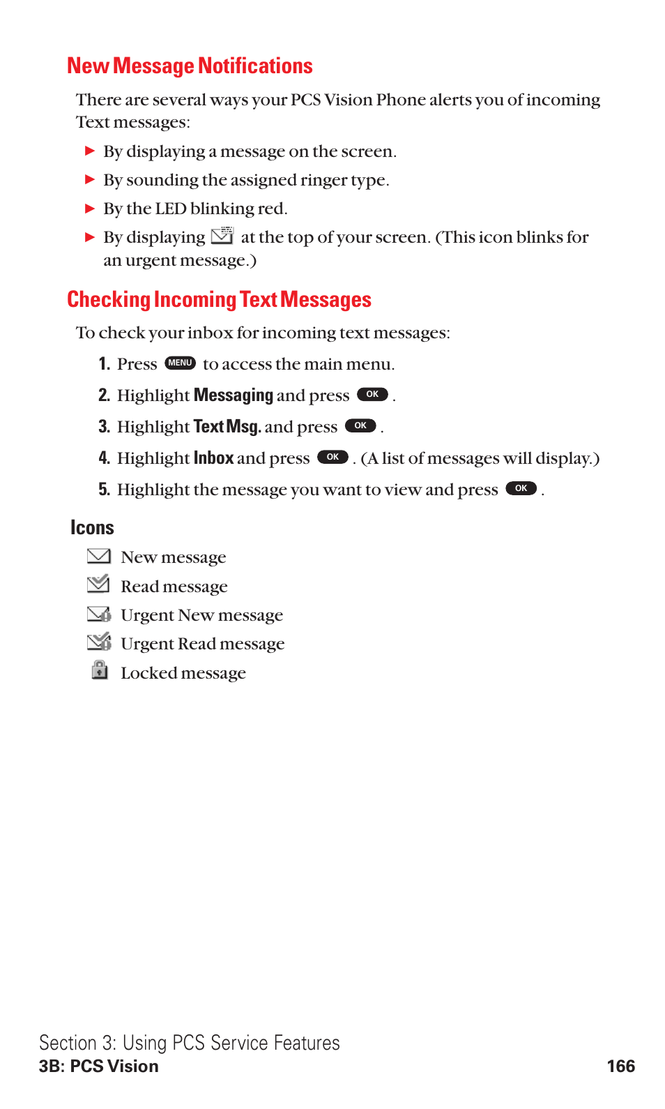 New message notifications, Checking incoming text messages, Icons | Toshiba VM4050 User Manual | Page 177 / 249