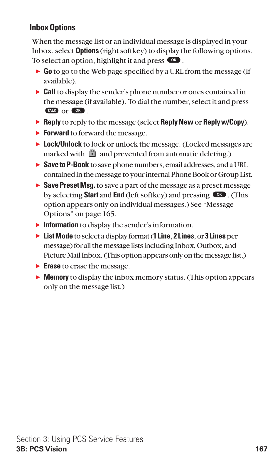 Inbox options, Forward to forward the message, Information to display the sender’s information | Erase to erase the message, 3b: pcs vision 167 | Toshiba VM4050 User Manual | Page 178 / 249