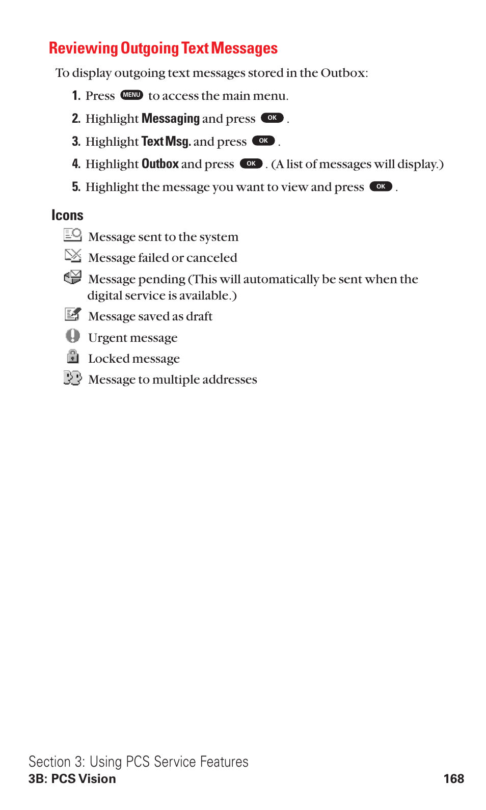 Reviewing outgoing text messages, Icons | Toshiba VM4050 User Manual | Page 179 / 249