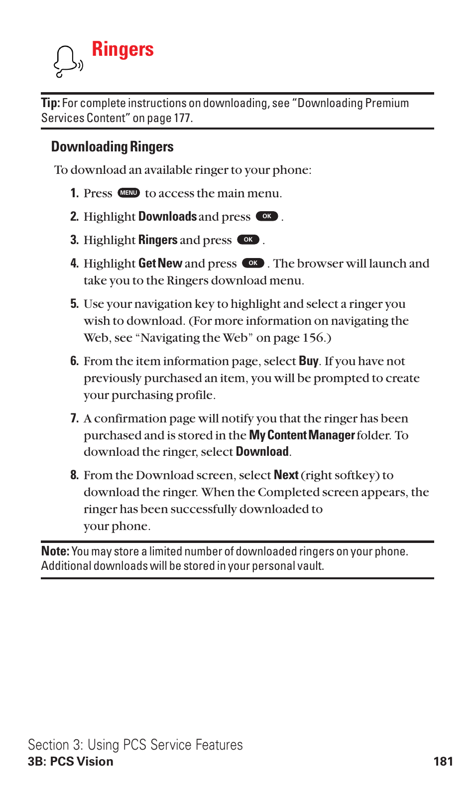 Ringers, Downloading ringers | Toshiba VM4050 User Manual | Page 192 / 249