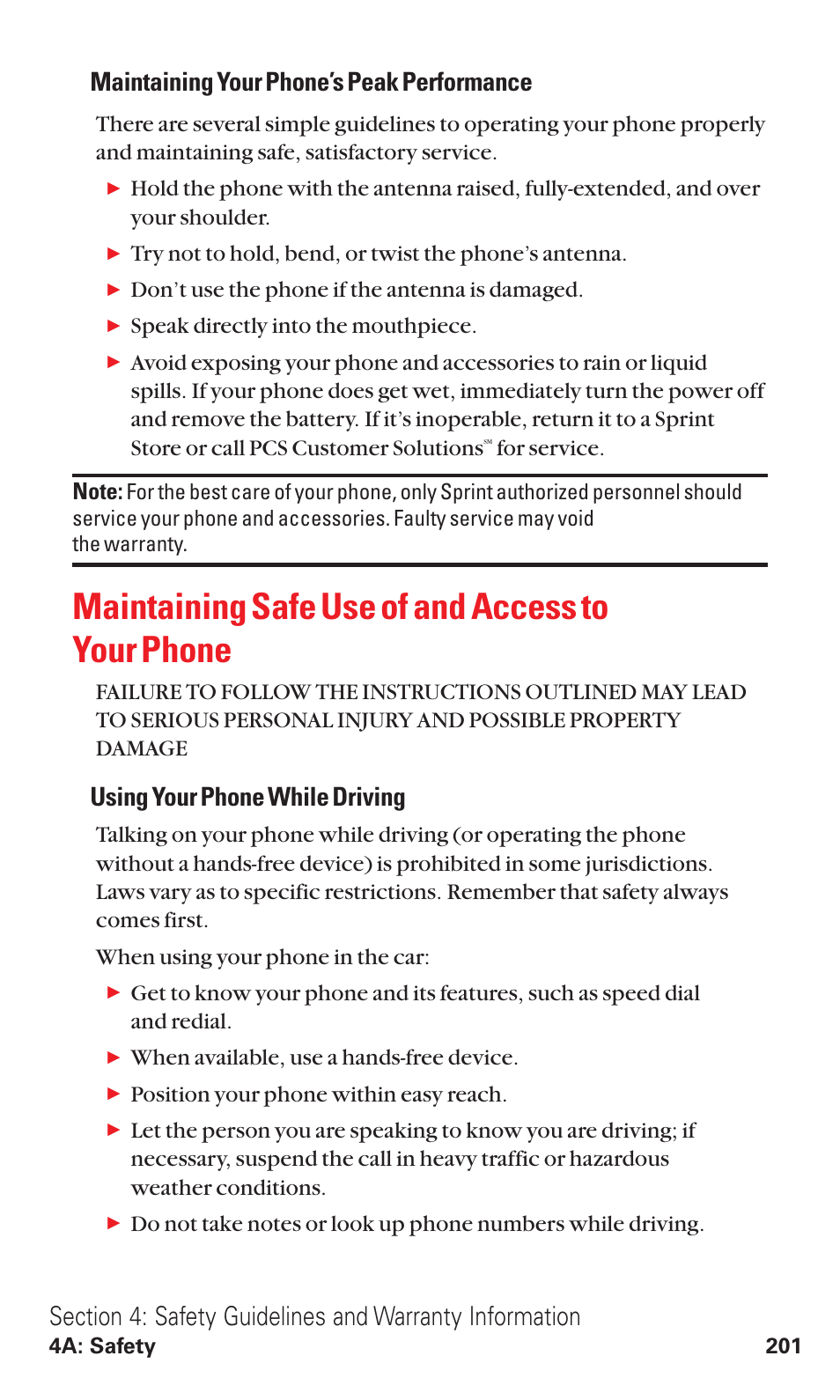 Maintaining safe use of and access to your phone, Maintaining your phone’s peak performance, Using your phone while driving | Toshiba VM4050 User Manual | Page 212 / 249