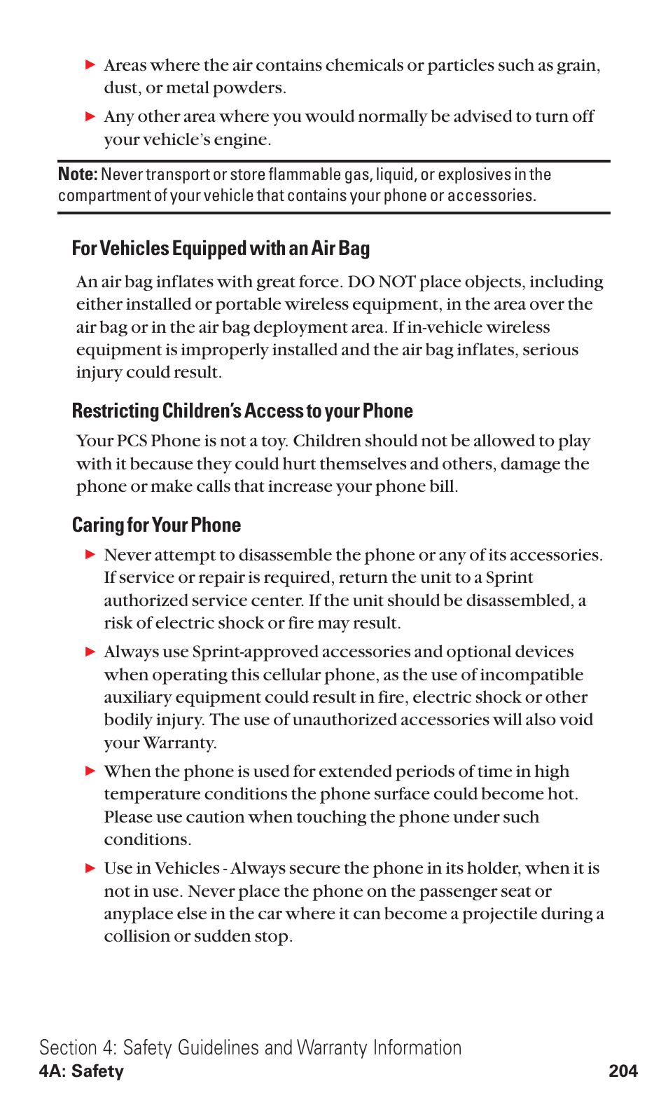 For vehicles equipped with an air bag, Restricting children’s access to your phone, Caring for your phone | Toshiba VM4050 User Manual | Page 215 / 249
