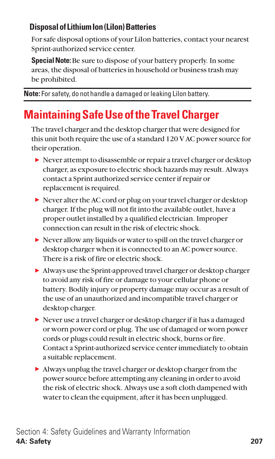 Maintaining safe use of the travel charger, Disposal of lithium ion (liion) batteries | Toshiba VM4050 User Manual | Page 218 / 249