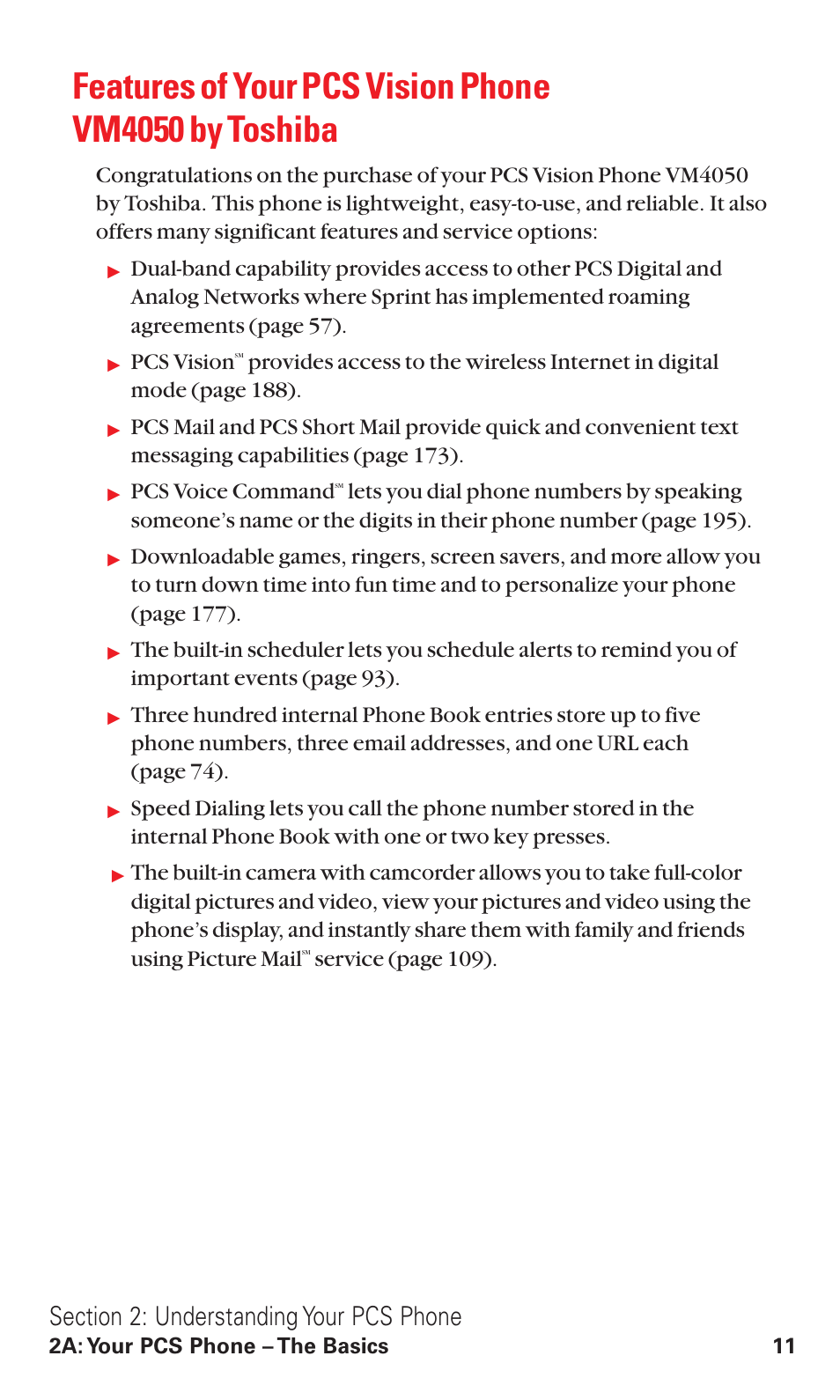 Pcs vision, Pcs voice command, Ser vice (page 109) | 2a: your pcs phone – the basics 11 | Toshiba VM4050 User Manual | Page 22 / 249