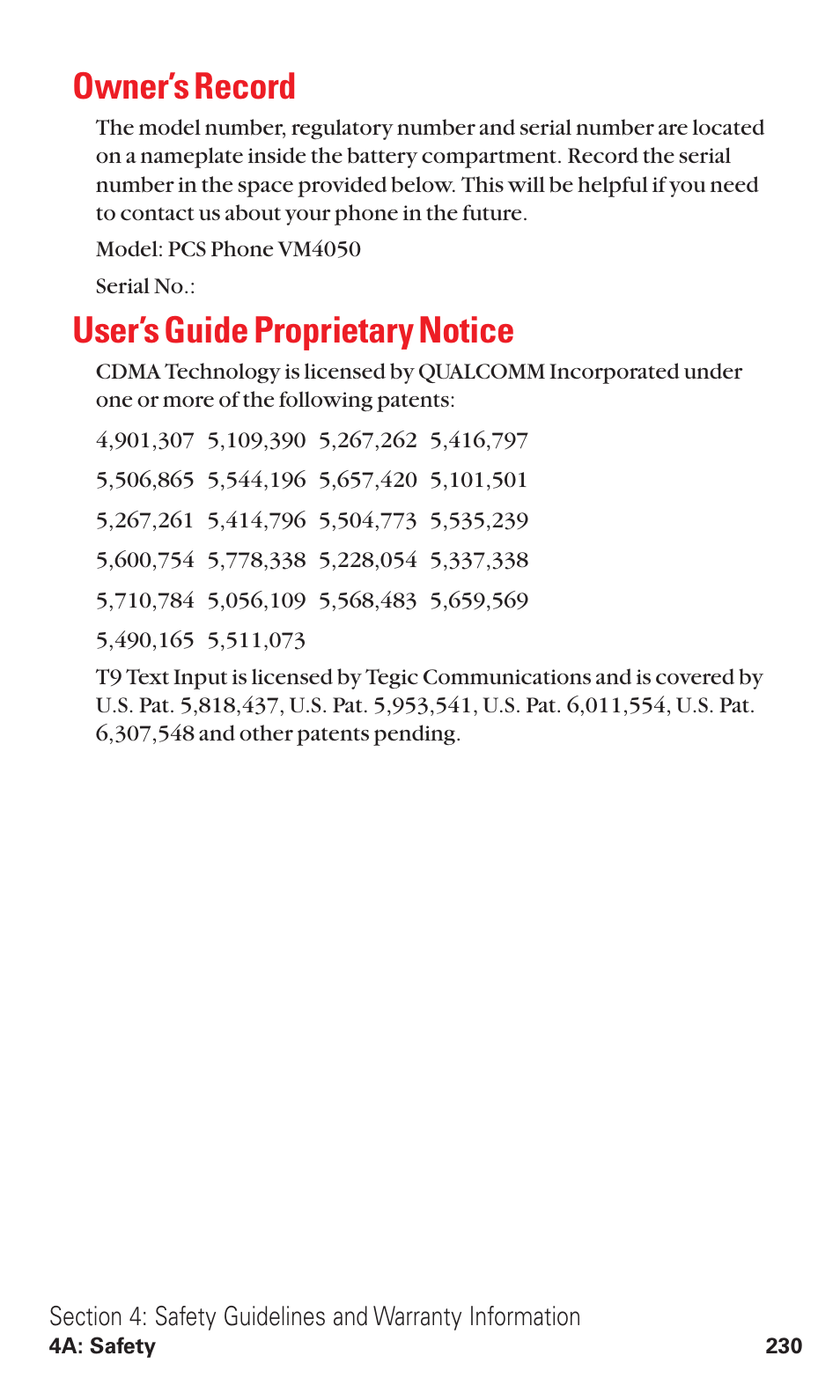 Owner’s record, User’s guide proprietary notice | Toshiba VM4050 User Manual | Page 241 / 249