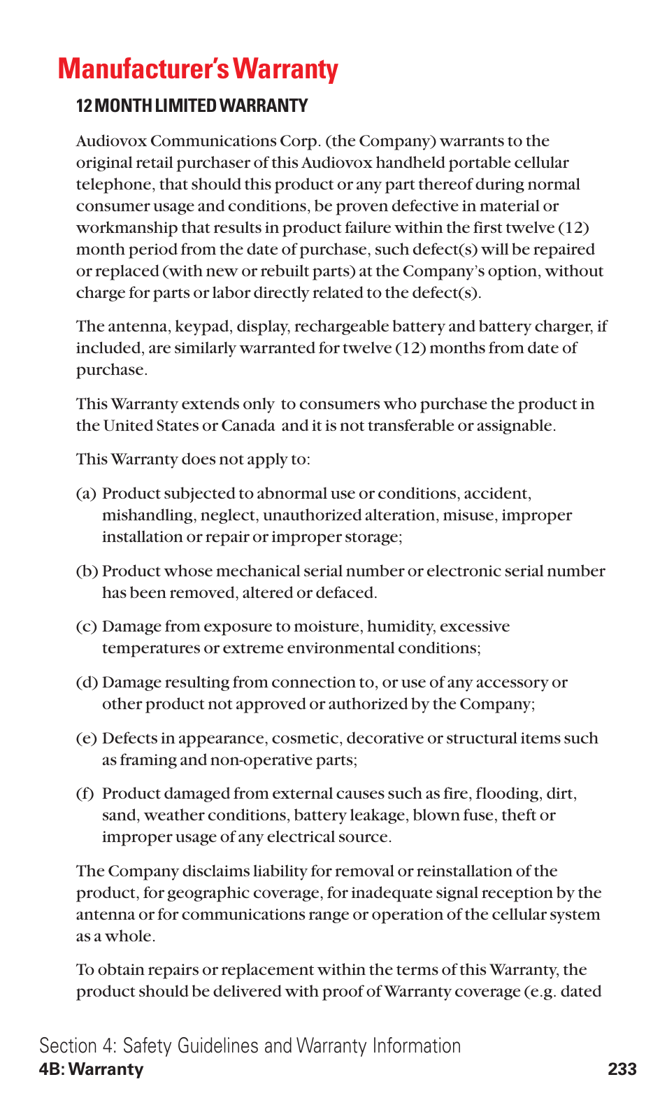 Manufacturer’s warranty | Toshiba VM4050 User Manual | Page 244 / 249