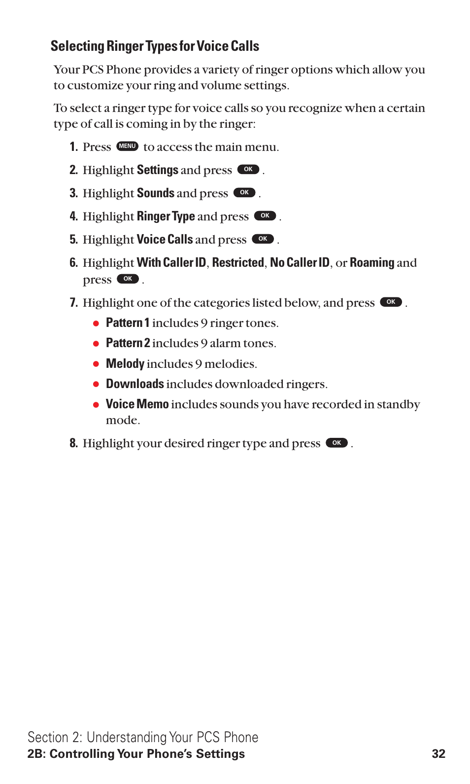 Selecting ringer types for voice calls, Pattern 1 includes 9 ringer tones, Pattern 2 includes 9 alarm tones | Melody includes 9 melodies, Downloads includes downloaded ringers | Toshiba VM4050 User Manual | Page 43 / 249
