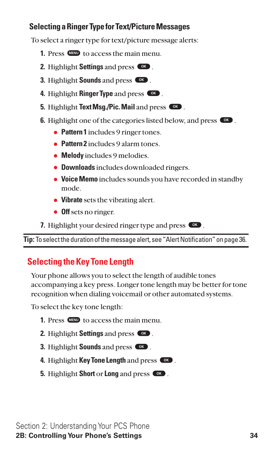 Selecting the key tone length, Selecting a ringer type for text/picture messages, Pattern 1 includes 9 ringer tones | Pattern 2 includes 9 alarm tones, Melody includes 9 melodies, Downloads includes downloaded ringers, Vibrate sets the vibrating alert | Toshiba VM4050 User Manual | Page 45 / 249