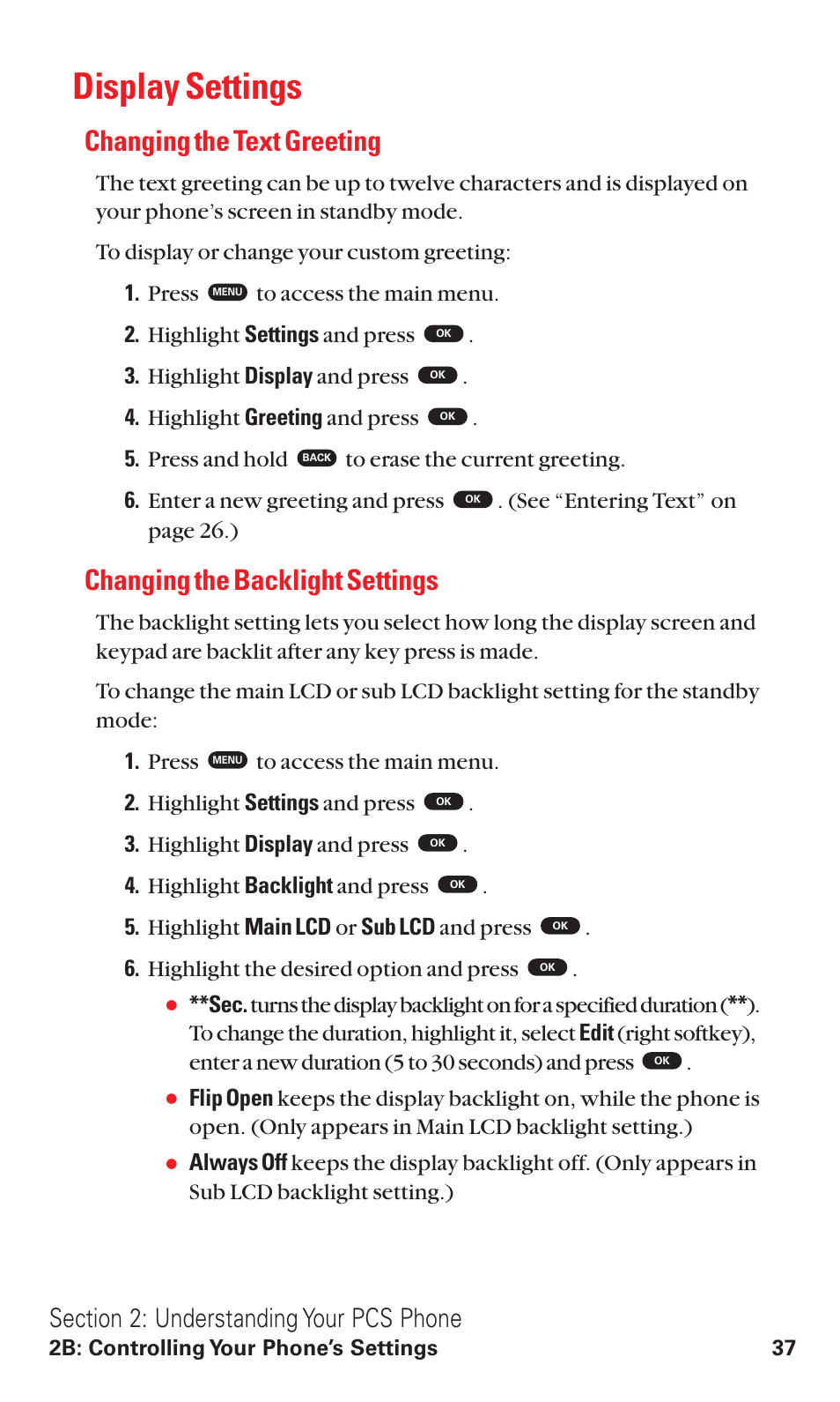 Display settings, Changing the text greeting, Changing the backlight settings | Toshiba VM4050 User Manual | Page 48 / 249