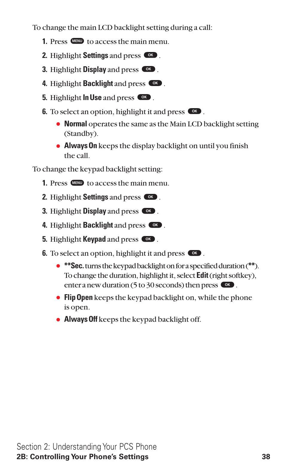 Always off keeps the keypad backlight off, 2b: controlling your phone’s settings 38 | Toshiba VM4050 User Manual | Page 49 / 249