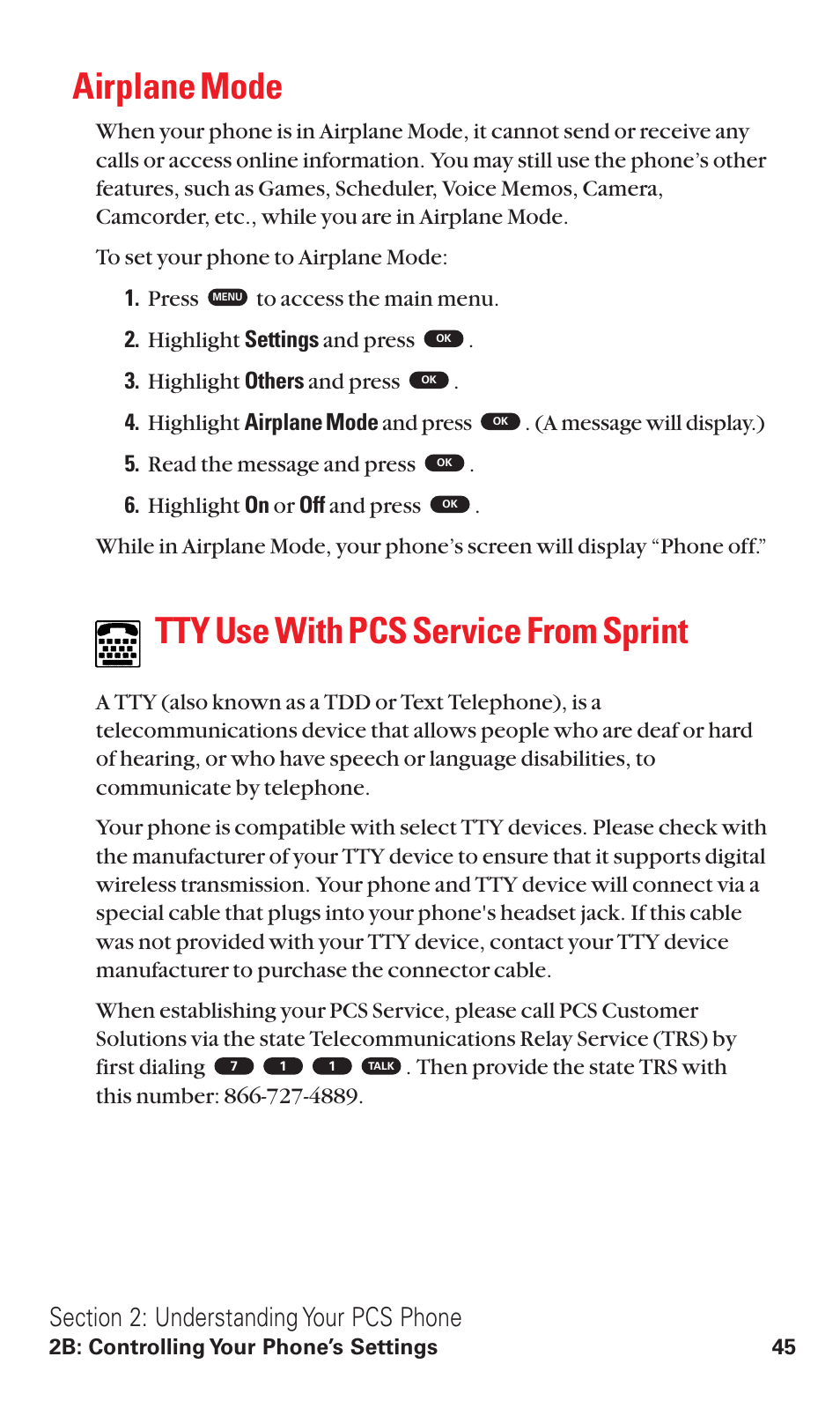 Airplane mode, Tty use with pcs service from sprint | Toshiba VM4050 User Manual | Page 56 / 249