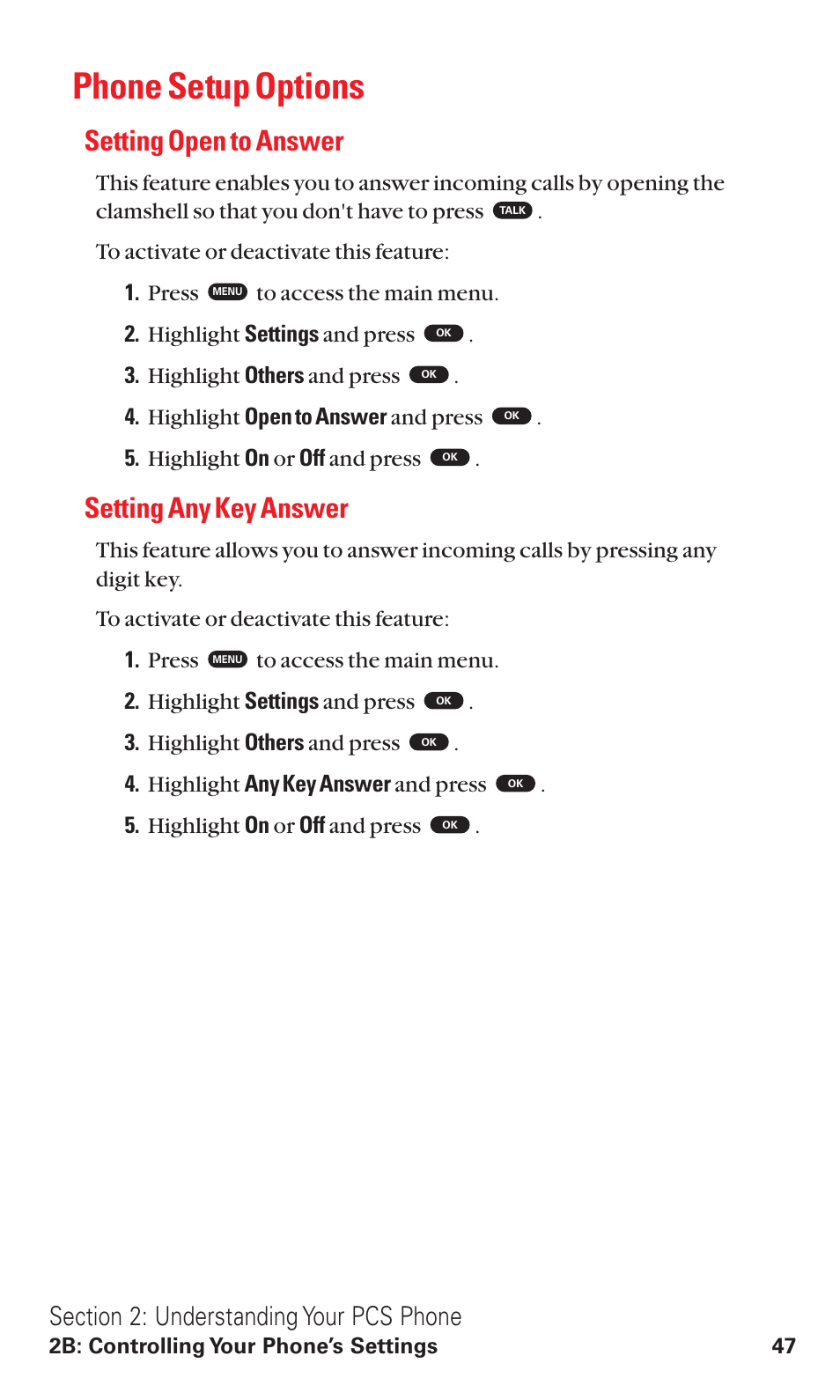 Phone setup options, Setting open to answer, Setting any key answer | Toshiba VM4050 User Manual | Page 58 / 249