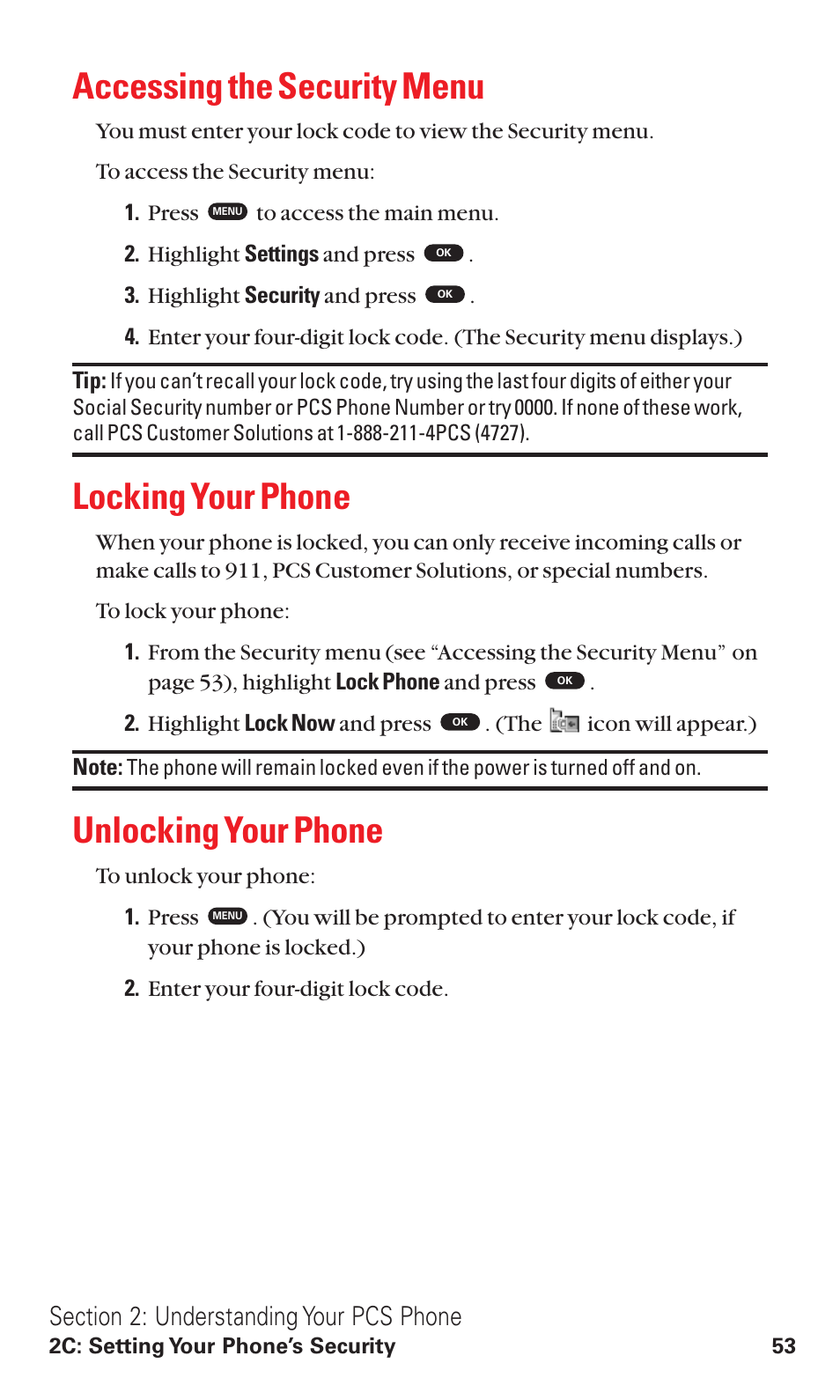 Accessing the security menu, Locking your phone, Unlocking your phone | Toshiba VM4050 User Manual | Page 64 / 249