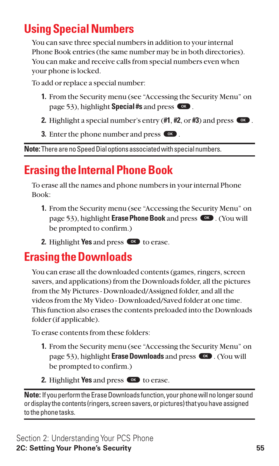 Using special numbers, Erasing the internal phone book, Erasing the downloads | Toshiba VM4050 User Manual | Page 66 / 249