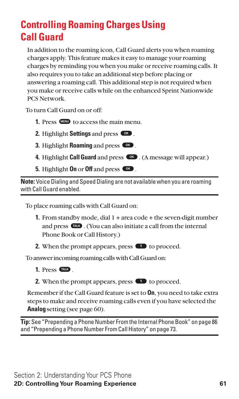 Controlling roaming charges using call guard | Toshiba VM4050 User Manual | Page 72 / 249