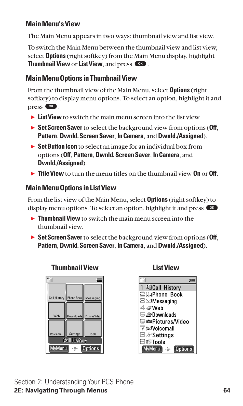 Main menu's view, Main menu options in thumbnail view, Main menu options in list view | Thumbnail view list view, 2e: navigating through menus 64 | Toshiba VM4050 User Manual | Page 75 / 249