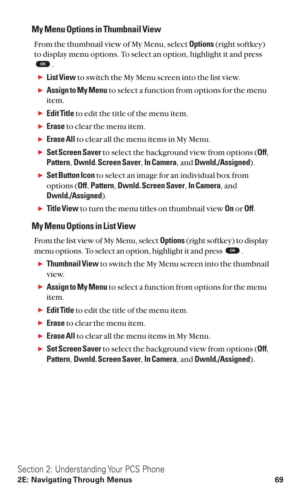 My menu options in thumbnail view, My menu options in list view, Edit title to edit the title of the menu item | Erase to clear the menu item, Erase all to clear all the menu items in my menu, 2e: navigating through menus 69 | Toshiba VM4050 User Manual | Page 80 / 249