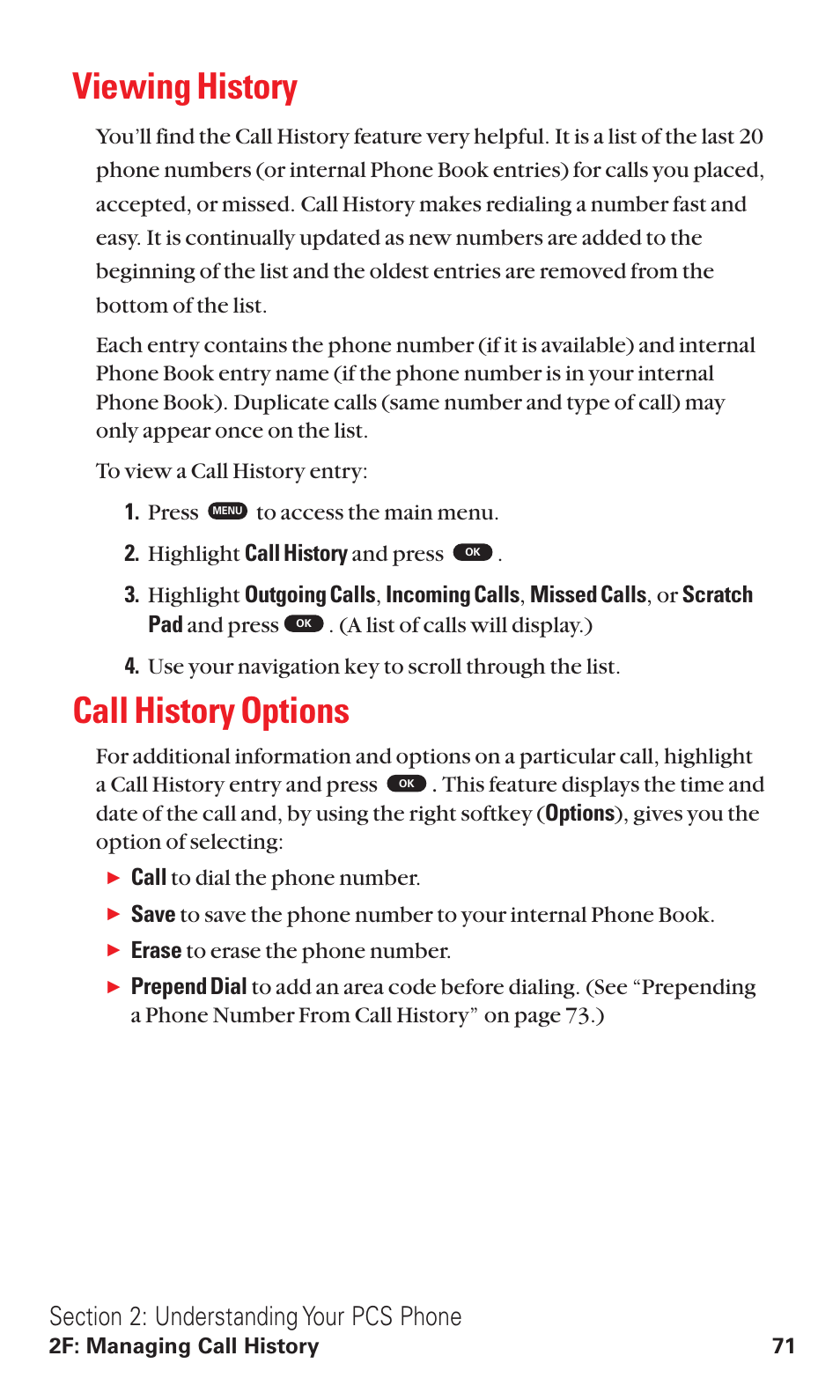 Viewing history, Call history options | Toshiba VM4050 User Manual | Page 82 / 249