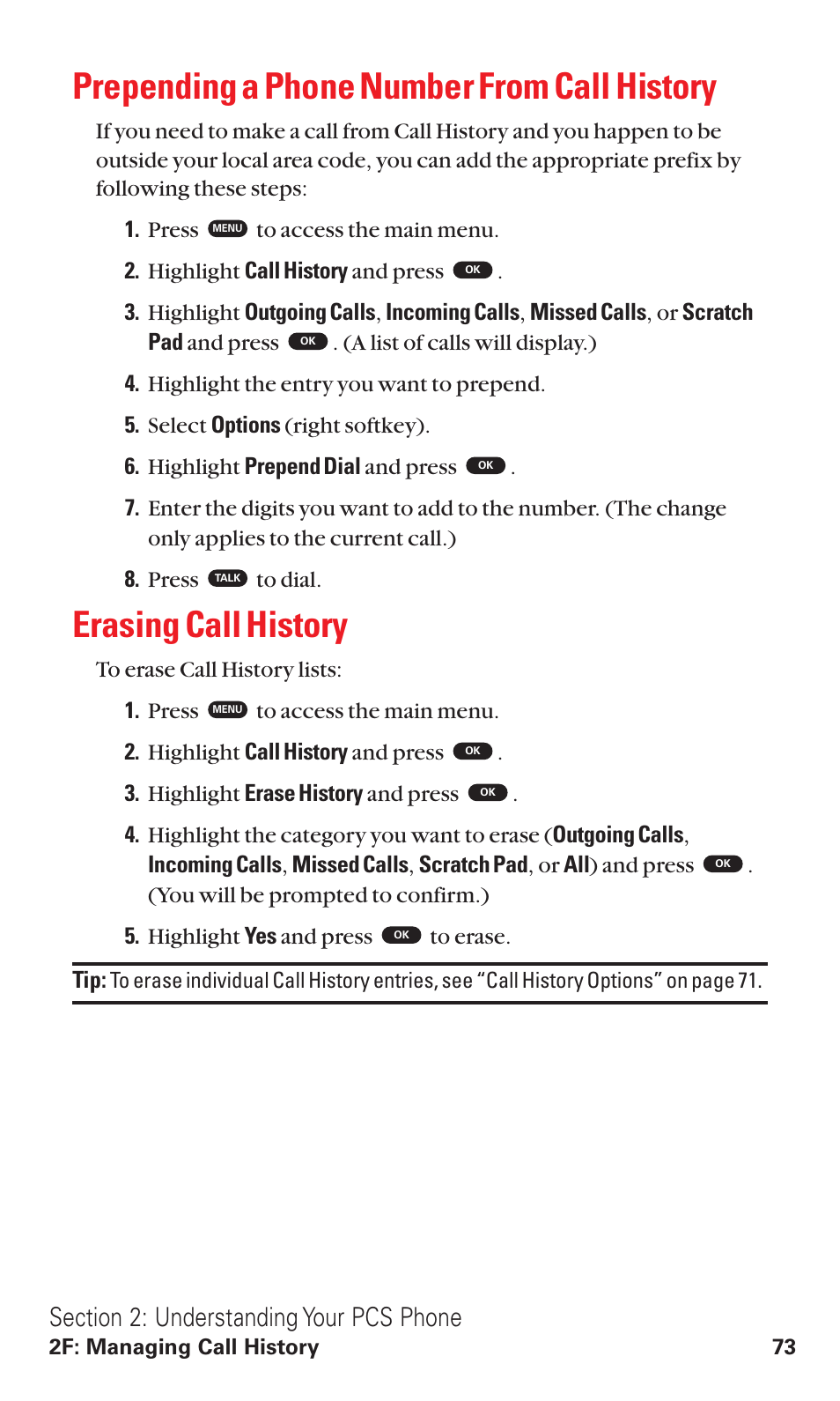 Prepending a phone number from call history, Erasing call history | Toshiba VM4050 User Manual | Page 84 / 249