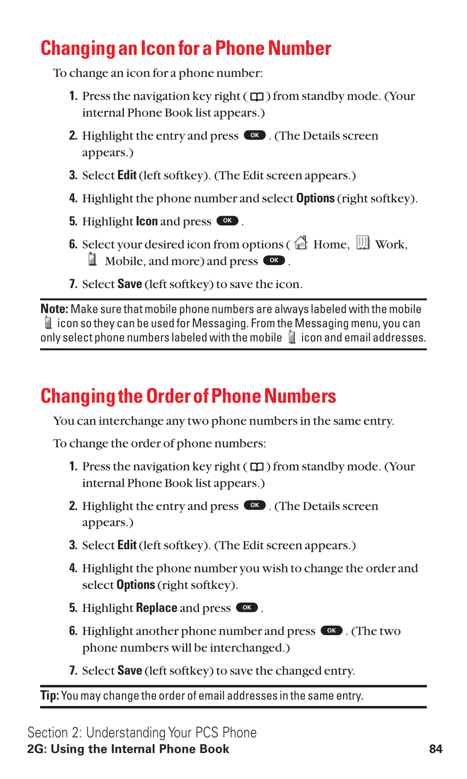 Changing an icon for a phone number, Changing the order of phone numbers | Toshiba VM4050 User Manual | Page 95 / 249