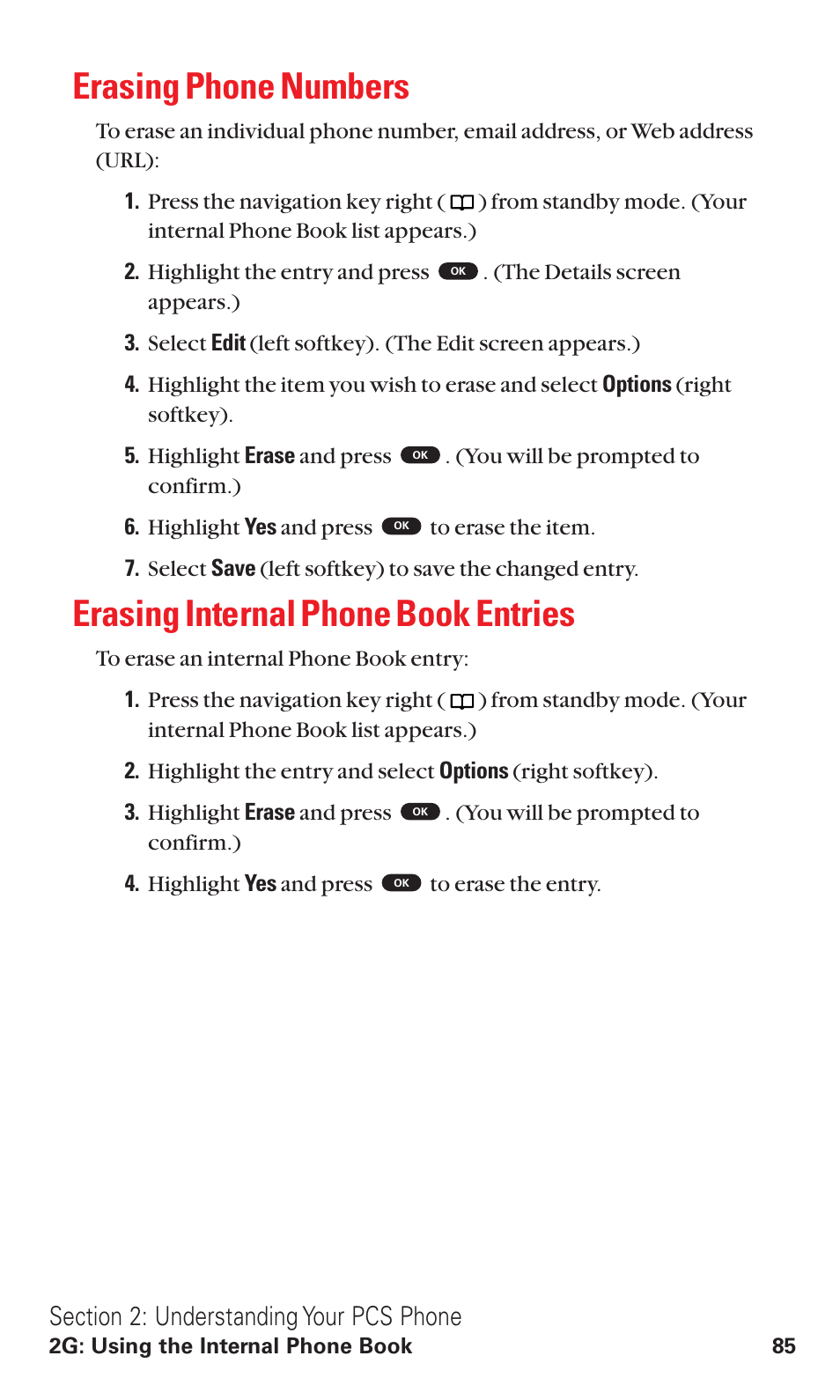 Erasing phone numbers, Erasing internal phone book entries | Toshiba VM4050 User Manual | Page 96 / 249