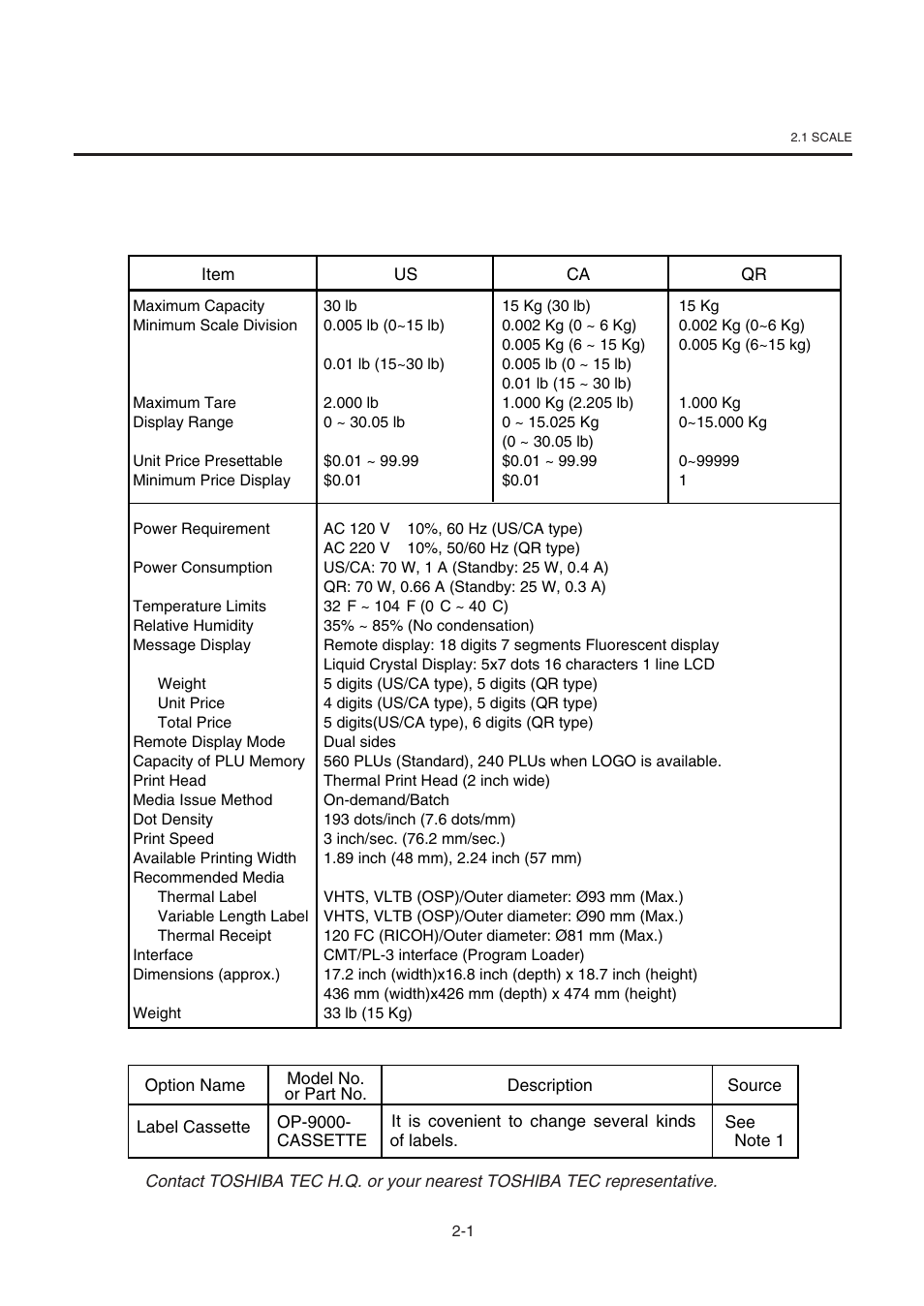 2 option, 1 scale, Specification | Toshiba TEC SL-9000-ESB-X SERIES User Manual | Page 10 / 72