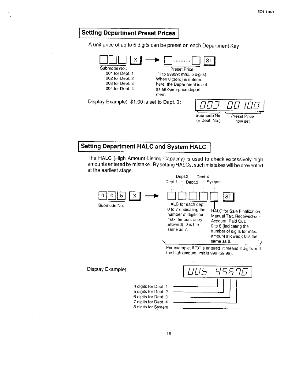 Setting department preset prices, Display example) $1.00 is set to dept. 3, Setting department halc and system halc | N n n | Toshiba MA-55 User Manual | Page 21 / 48